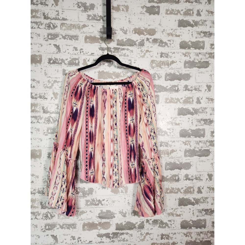 Boho Southwestern Peasant Top Size Large Pink Bell Sleeves‎ Festival Hippie